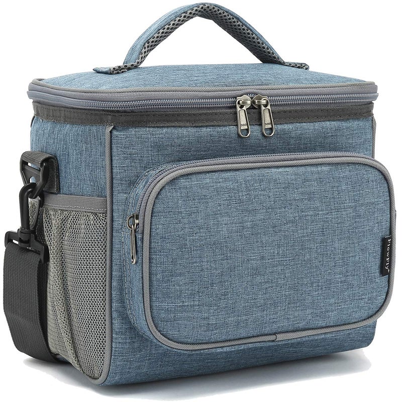 FlowFly Insulated Reusable Lunch Bag Adult Large Lunch Box for Women and Men with Adjustable Shoulder Strap,Front Zipper Pocket and Dual Large Mesh Side Pockets,Navy - Image 1